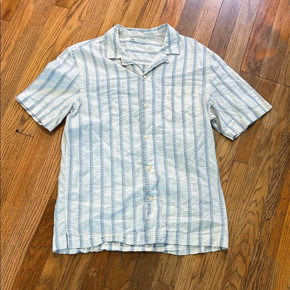 Zara Light Blue and White Striped Casual Shirt